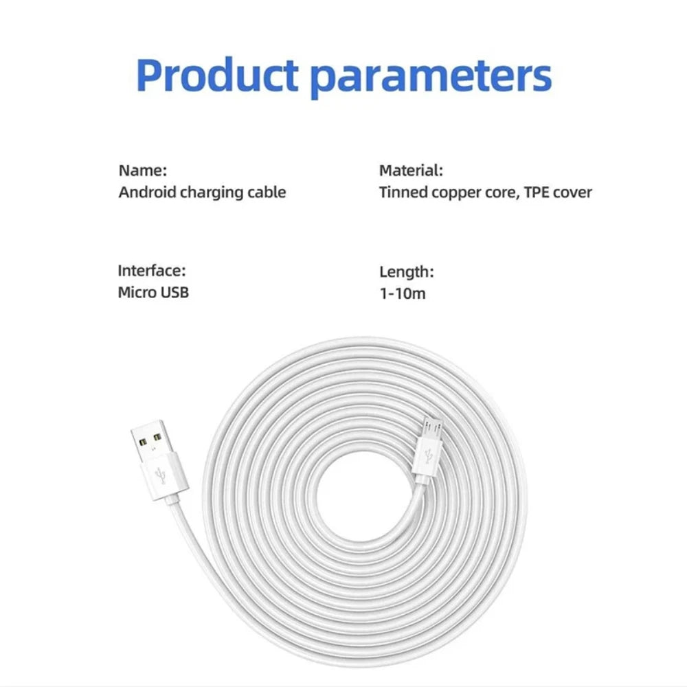 Cable de carga micro USB NNBILI de 3 m, 5 m, 6 m, 7 m, 8 m, 10 m, 12 m y 14 m para cámara de teléfono inteligente Android, cable de carga USB extendido.