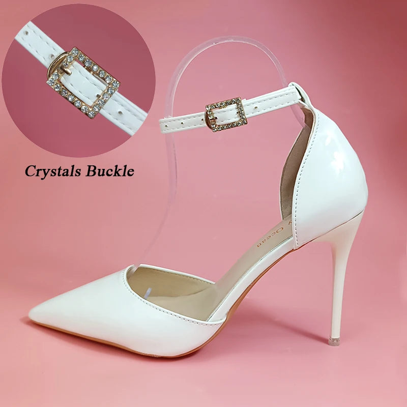 Super Big Size 45 High Stiletto Heel Women Sandals Crystals Buckle Strap Pointed Toe Fashion 10cm/3.94inch Thin Heel Pimp