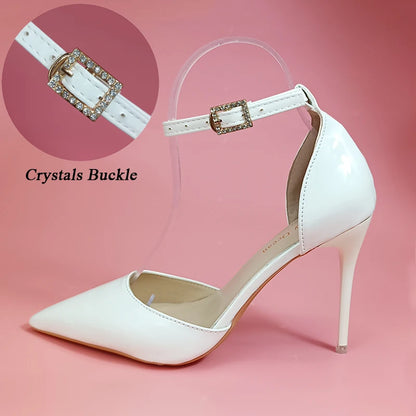 Super Big Size 45 High Stiletto Heel Women Sandals Crystals Buckle Strap Pointed Toe Fashion 10cm/3.94inch Thin Heel Pimp