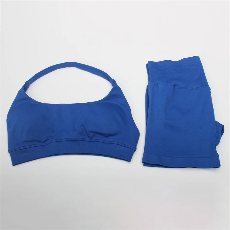 Women's Electric Blue Blossom High Stretch Top Sports Bra Shorts Set Comfortable Gym Workout Yoga Active Wear Impact Outfit