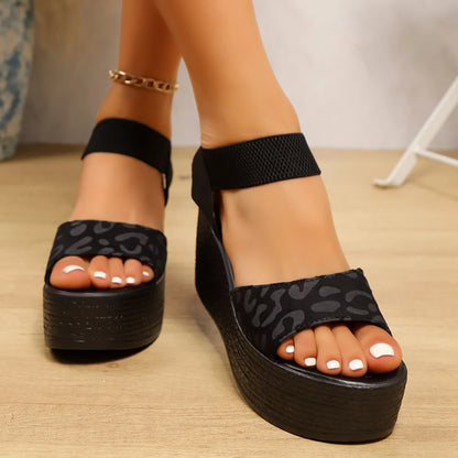 Sandalias de cuña con punta abierta y tacón alto para mujer, sandalias de plataforma con estampado de leopardo, zapatos de verano de suela gruesa para mujer, alpargatas, zapatillas para mujer
