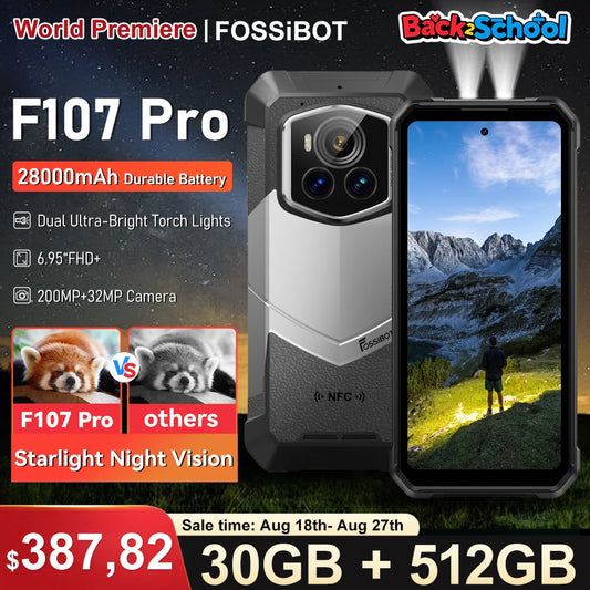 Teléfono móvil resistente Fossibot F107 Pro, 30 (12+18) GB + 512 GB, Android 15, batería de 28000 mAh, carga rápida de 66 W, cámara de 200 MP + 32 MP, 5G, NFC/GPS, doble linterna brillante.