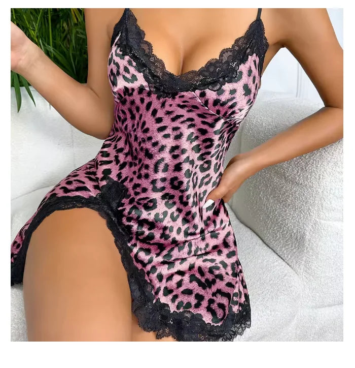 Camisón de leopardo con ribete de encaje, escote en V, espalda descubierta, abertura lateral, para dormir, para mujer