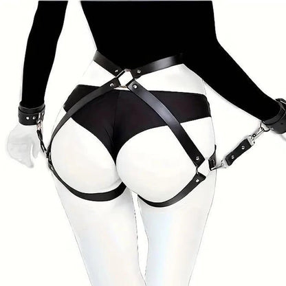 Liga de cuero BDSM, lencería gótica para rave, disfraz de adulto, vendaje, lencería de PU con trabillas para las piernas, ropa interior de talla grande con esposas