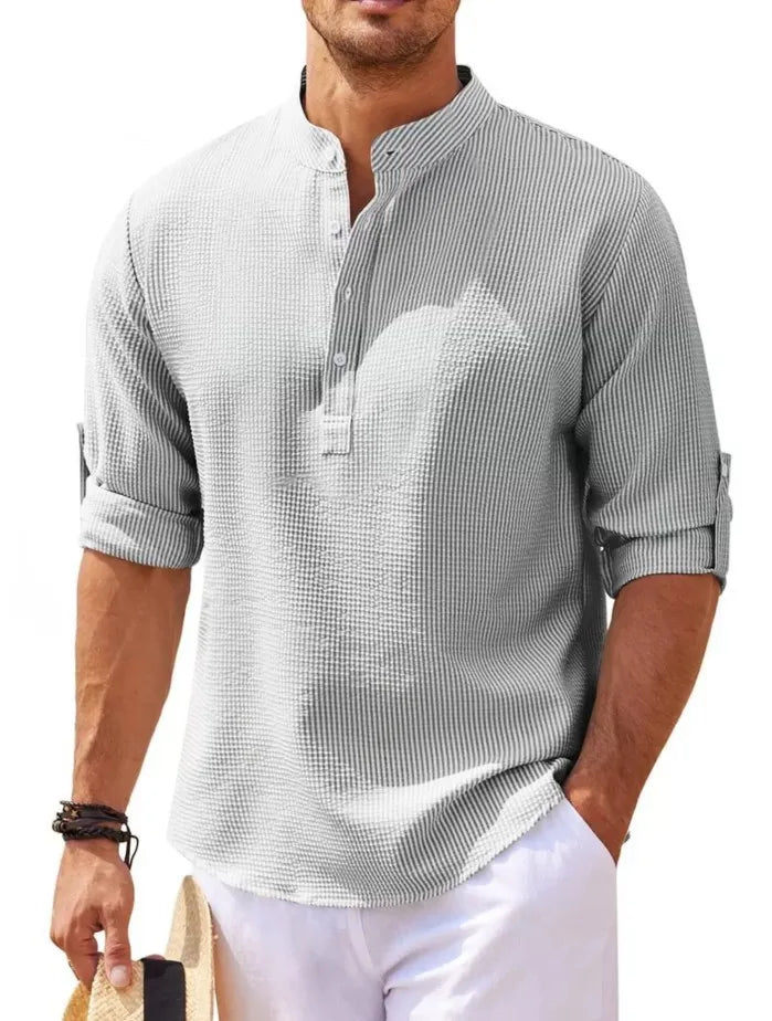 Camisas de manga larga de algodón y lino para hombre, de gran oferta, para primavera y otoño, de color liso, con cuello alto, estilo playero informal, tallas grandes S-5XL