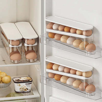 Caja de almacenamiento de huevos para refrigerador de dos capas, soporte automático para huevos con ruedas, estante estilo escalera, dispensador de huevos para refrigerador, organizador de huevos