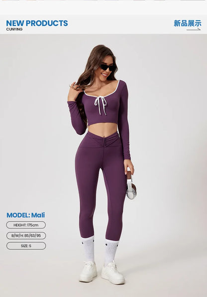 Conjunto de yoga para mujer: camiseta de manga larga, ropa deportiva, top corto, leggings de cintura alta y conjunto deportivo.