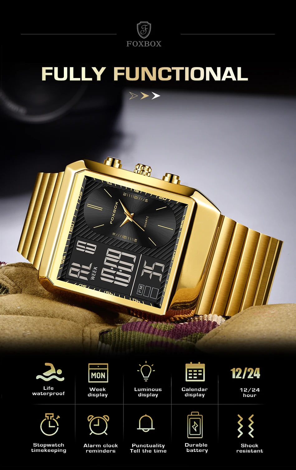 LIGE - Reloj digital cuadrado de moda para hombre, informal, deportivo, resistente al agua, de cuarzo, cronógrafo de lujo de la mejor marca FOXBOX