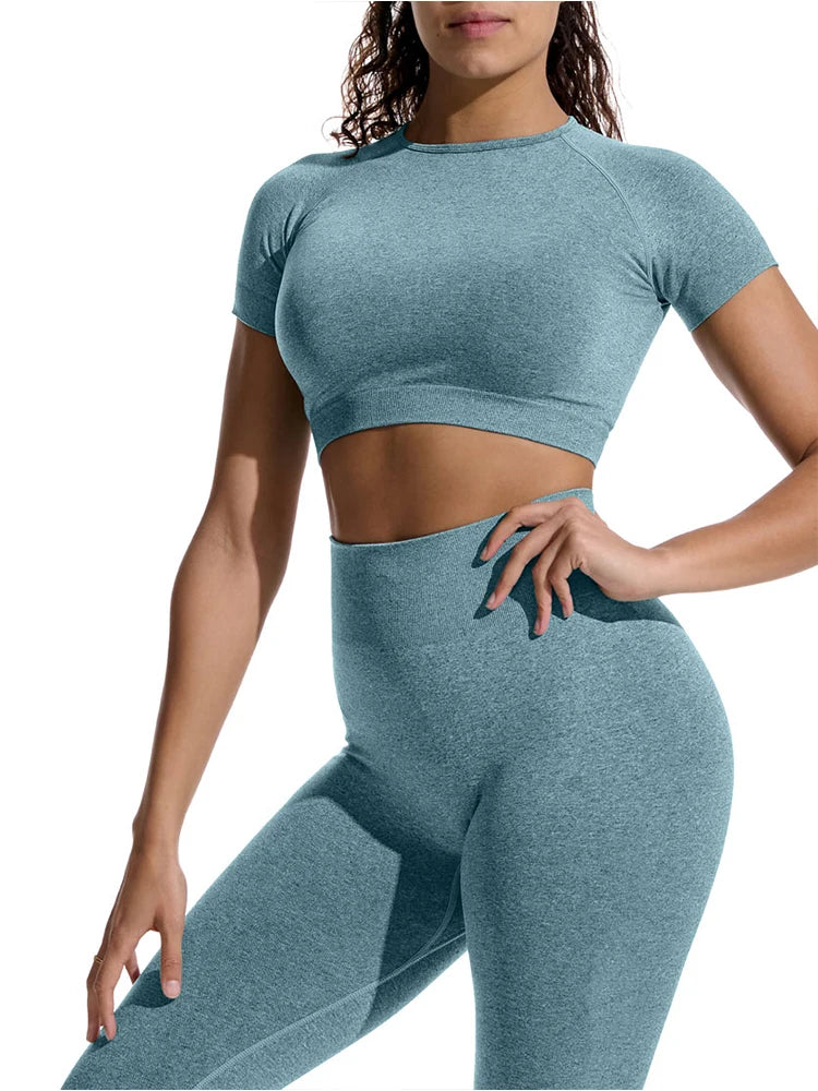 Conjunto de yoga de verano para mujer, cuello redondo, cintura alta, levantamiento de cadera, ajustado, moldeador, conjunto deportivo de dos piezas para fitness