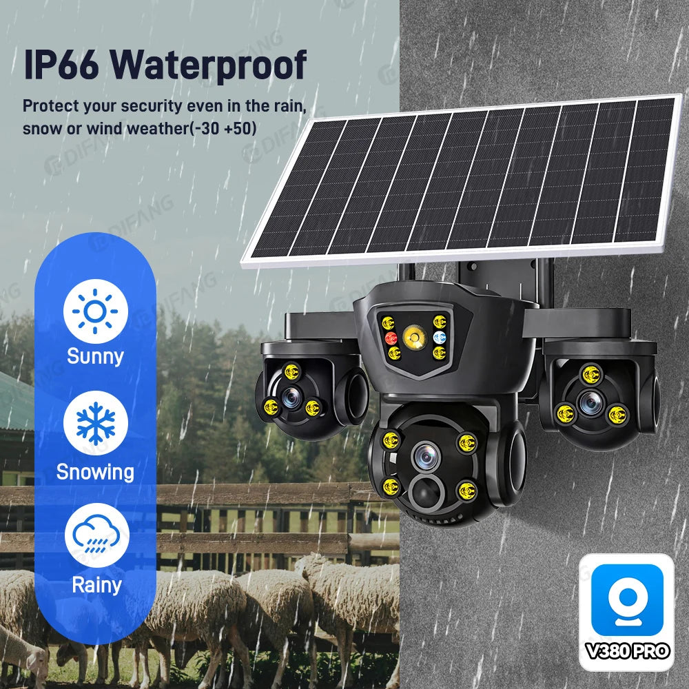 Cámara solar inalámbrica WiFi DIFANG V380 Pro para exteriores con tres pantallas, tarjeta SIM 4G y batería. Sistema de videovigilancia solar con tres lentes y batería.