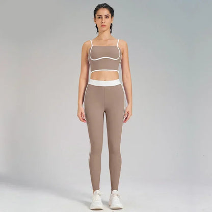 Traje de yoga deportivo para mujer, conjunto de entrenamiento de fitness, color melocotón, con espalda integrada, top de yoga, chaleco de cintura alta, top corto para levantar la cadera, pantalón de yoga para gimnasio