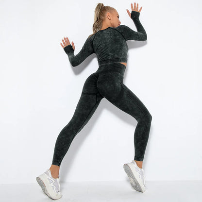 Conjunto de gimnasio con top corto sin costuras para mujer, conjunto de entrenamiento de yoga, ropa deportiva, leggings push up, chándal