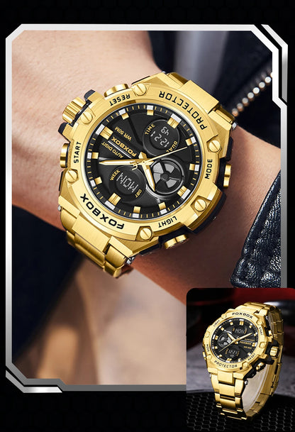 FOXBOX Relojes deportivos de lujo para hombre, reloj de pulsera de cuarzo de lujo, acero, resistente al agua, doble pantalla, relojes militares para hombre, reloj hommes