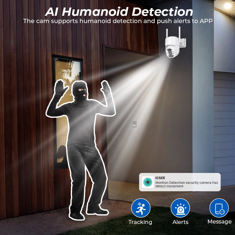 Cámara de vigilancia WiFi exterior inalámbrica HD de 5 MP con panel solar, batería integrada de 7800 mAh y 365 días de autonomía en espera.