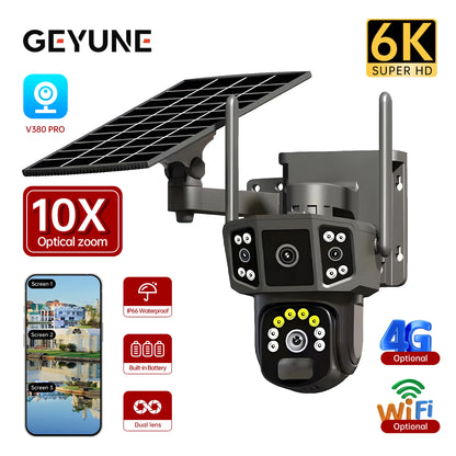 Cámara de seguridad inalámbrica 6K de 12 MP con movimiento horizontal y vertical; cámara IP WiFi para exteriores de 5 MP con SIM 4G, alimentación solar/batería; cámaras de vigilancia PT de 3 MP.