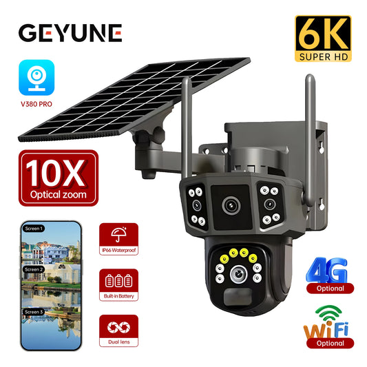 Cámara de seguridad inalámbrica 6K de 12 MP con movimiento horizontal y vertical; cámara IP WiFi para exteriores de 5 MP con SIM 4G, alimentación solar/batería; cámaras de vigilancia PT de 3 MP.