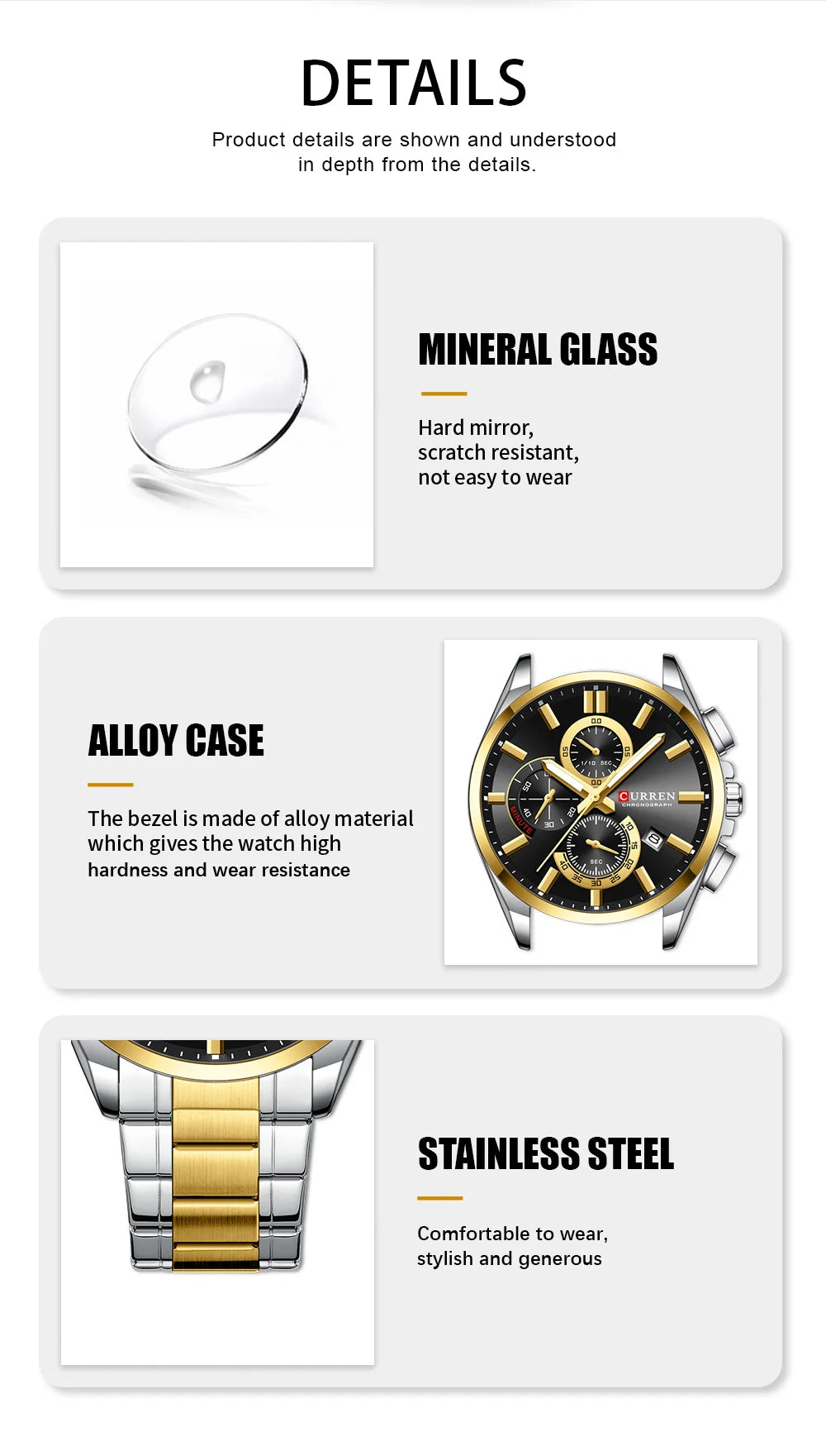 CURREN - Reloj cronógrafo de acero inoxidable para hombre con manecillas luminosas, tres subesferas, fecha automática, diseño moderno, de cuarzo