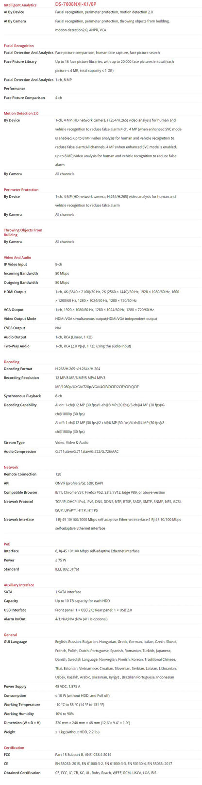 Grabador de vídeo en red Hikvision DS-7604NXI-K1/4P DS-7608NXI-K1/8P 4K 4/8 canales 4/8 PoE Acusense 1 SATA NVR 8MP H.265+ Vigilancia