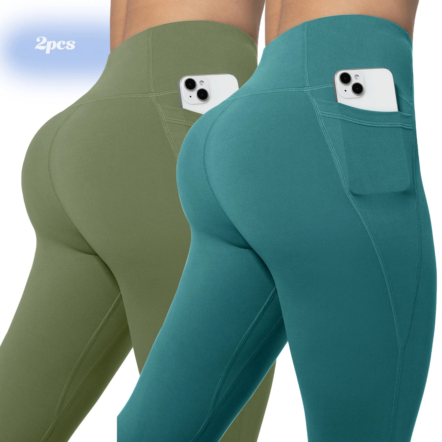 Leggings de yoga para mujer, 2 unidades, con bolsillos, color liso, para gimnasio, actividades al aire libre, cintura alta, ajustados, pantalones deportivos para correr.