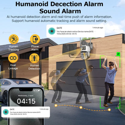 Cámara de seguridad exterior solar 4K con SIM 4G, 2 lentes/pantalla, zoom óptico 60x, seguimiento automático, PTZ 360°, videovigilancia doméstica IP.