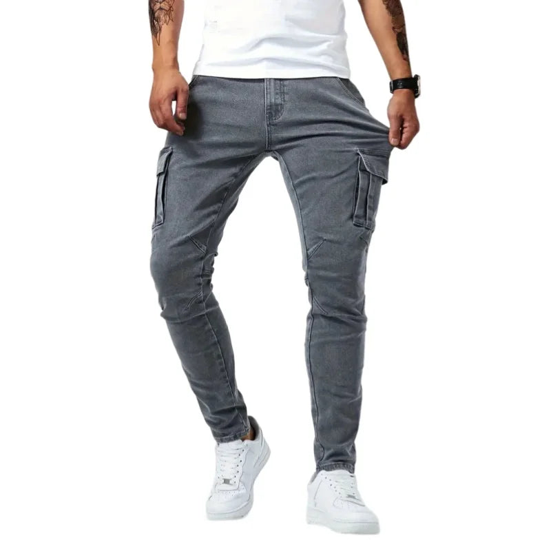 Pantalones vaqueros ajustados elásticos para hombre, pantalones vaqueros lisos de corte ajustado, pantalones cargo con múltiples bolsillos, pantalones casuales de moda para hombre