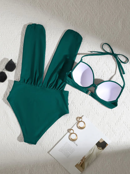 Conjunto de bikini de dos piezas con cuello halter para mujer, bañador sexy liso, push up ajustado, sin espalda, traje de baño de verano para playa, 2025