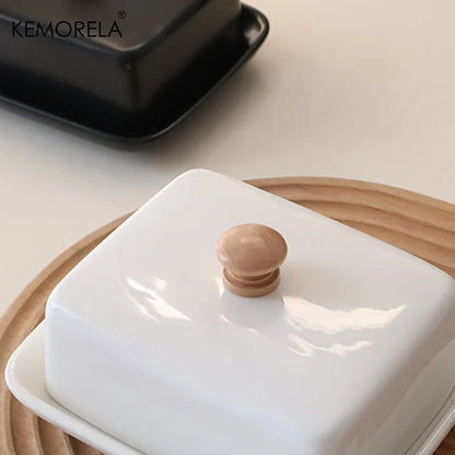 KEMORELA Mantequera de cerámica con tapa, rectangular, sellable, para guardar quesos, de alta gama y elegante para cocina y restaurante.