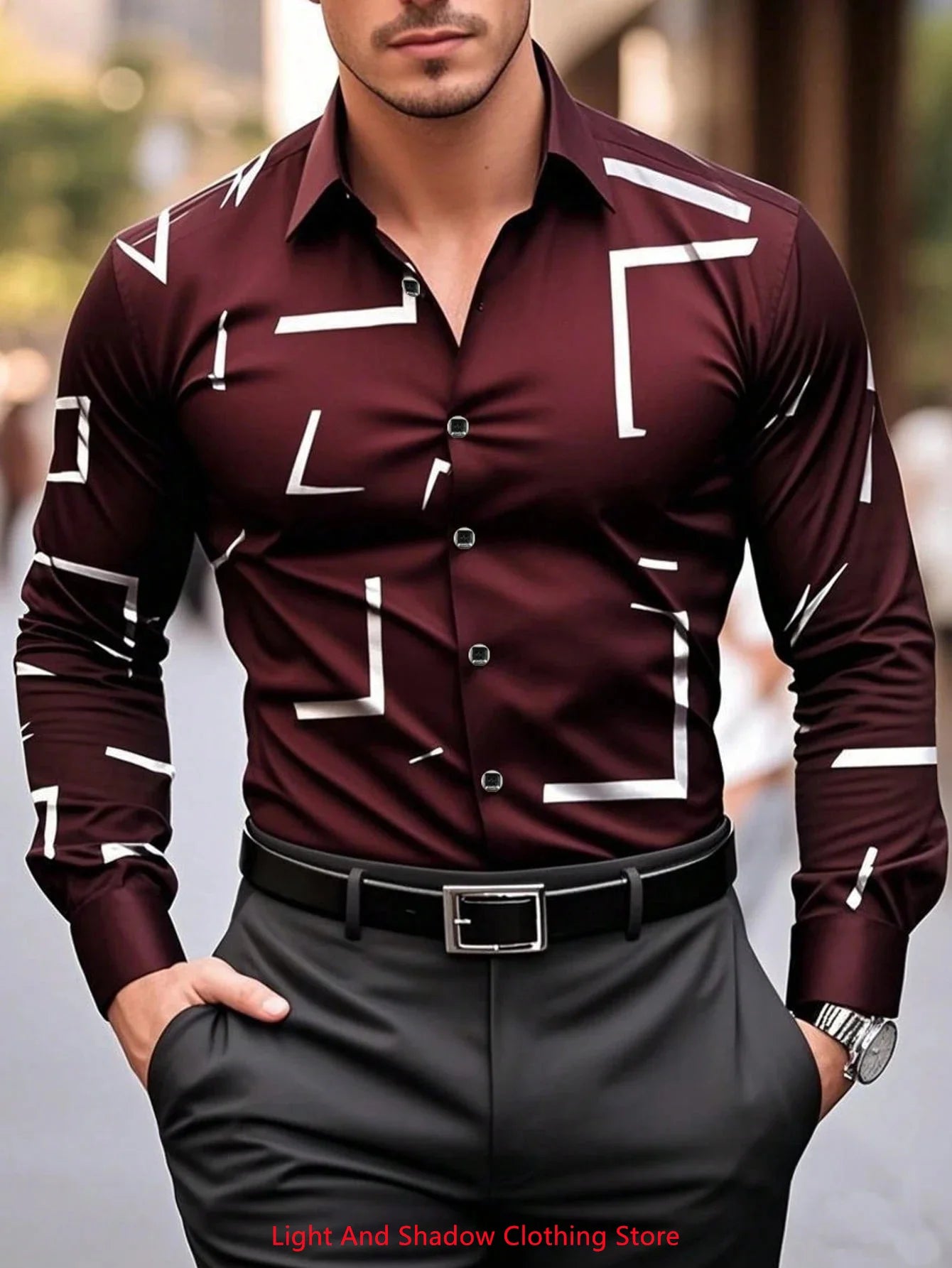 Camisa de hombre con estampado geométrico, estilo urbano clásico, manga larga, cuello, botonadura sencilla. Envío rápido.