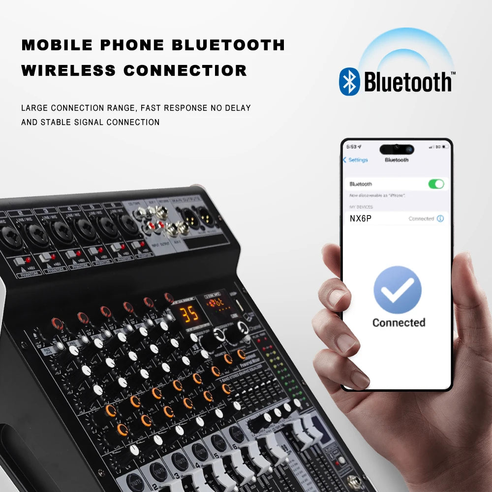 Interfaz de mezclador de audio de potencia, consola de mezclas USB Bluetooth de 6 canales con alimentación fantasma de 48 V, tablero de sonido para música para PC, escenario, DJ y estudio.