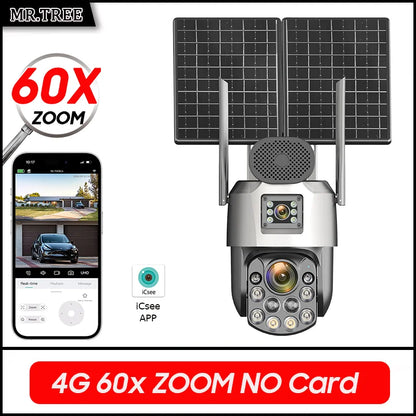 Cámara de vigilancia solar exterior iCsee 4G de 25 W, resolución 4K, zoom óptico 60X, seguimiento automático, batería de 31200 mAh, grabación continua 24/7, cámara IP de seguridad PTZ.
