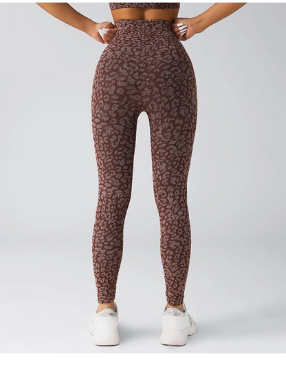 Pantalones de yoga con estampado de leopardo sin costuras para mujer, con realce de cadera y cintura alta, con alta elasticidad.