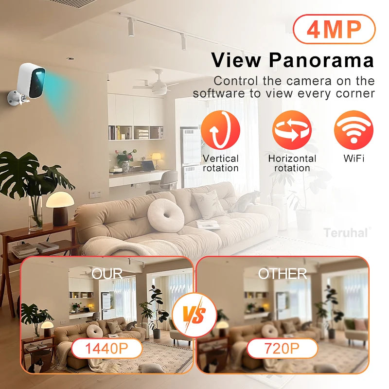 Cámara solar inalámbrica de 4 MP con sensor de movimiento, cámara IP WiFi HD 1440P, cámara de vigilancia CCTV con energía solar para exteriores