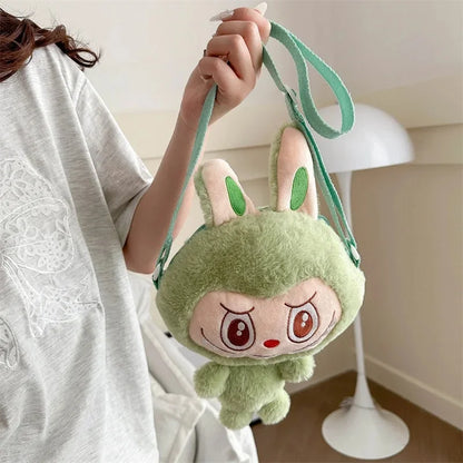 Lindo bolso bandolera de peluche con diseño de elfo de dibujos animados, de poliéster suave, con un solo hombro y cierre de cremallera.