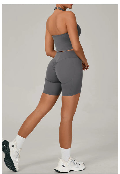 Ctenkevet - Conjunto de 2 piezas de sujetador halter sin espalda para mujer, ropa deportiva de secado rápido para gimnasio, conjunto deportivo femenino de dos piezas con pantalones cortos