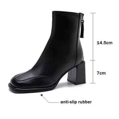 British Vintage Square Toe Ankle Boots Women 2025 Autumn Winter Thick High Heel Black Pu Boots Woman Cowboy Short Booties Shoes