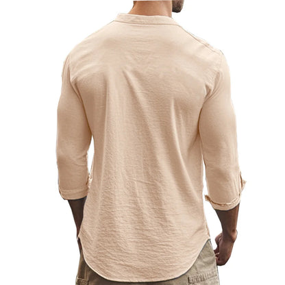 Camisas Henry para hombre, de algodón y lino, corte ajustado, informales, hawaianas, de color liso, estilo básico, para primavera y verano, transpirables.