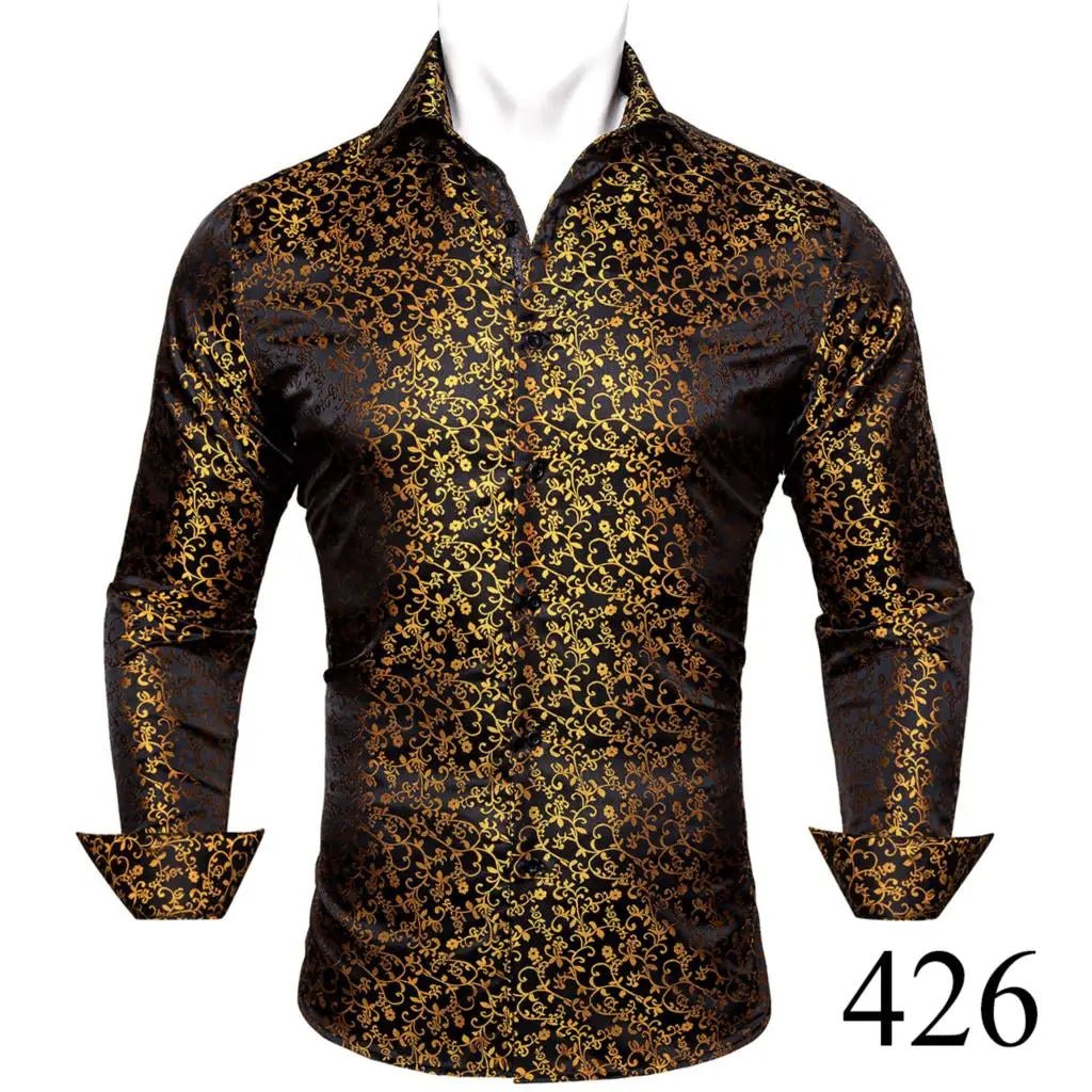 Camisas clásicas negras estampadas y bordadas para hombre, solapa de seda, manga larga, corte formal exquisito, ideales para eventos de negocios y fiestas. Barry.Wang CY-0407