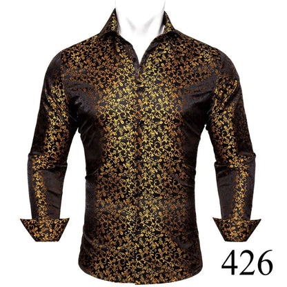 Camisas clásicas negras estampadas y bordadas para hombre, solapa de seda, manga larga, corte formal exquisito, ideales para eventos de negocios y fiestas. Barry.Wang CY-0407