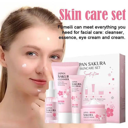 Set de 4 piezas para el cuidado facial: Limpiador, crema Sakura Essence, crema hidratante para ojos, suero facial para mejorar la aspereza y la sequedad de la piel.