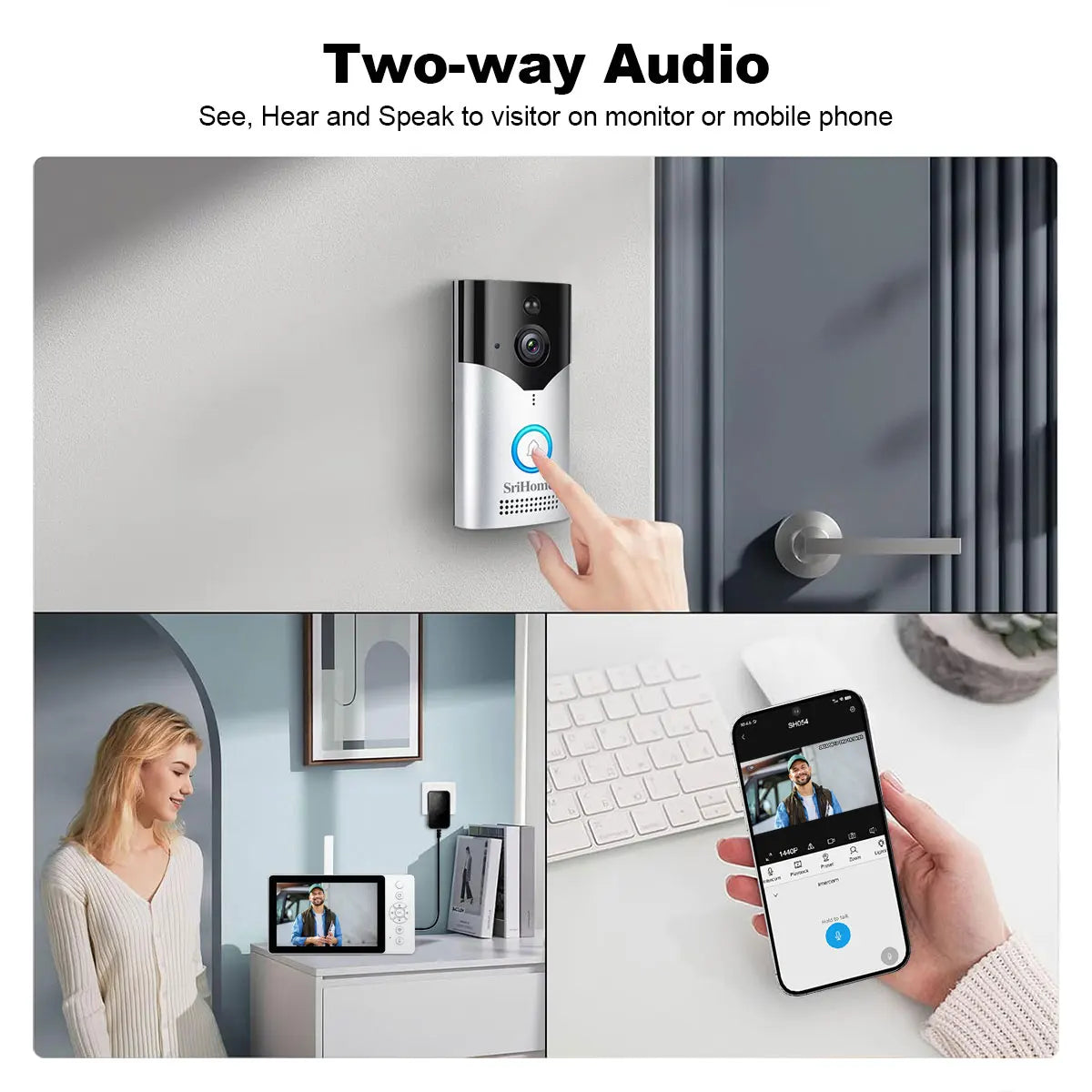 Sistema de timbre Srihome con pantalla HD de 4 MP y 5 pulgadas, monitoreo remoto por teléfono, videoportero de 5000 mAh, visión nocturna, timbre inalámbrico inteligente