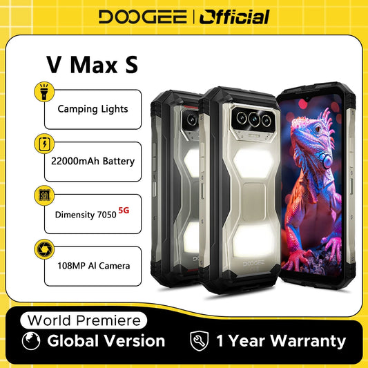 Estreno mundial del DOOGEE V Max S 5G: Teléfono resistente con doble luz para camping, batería de 22000 mAh, 24 GB (8+16 GB), 256 GB de almacenamiento y cámara de 108 MP con IA.