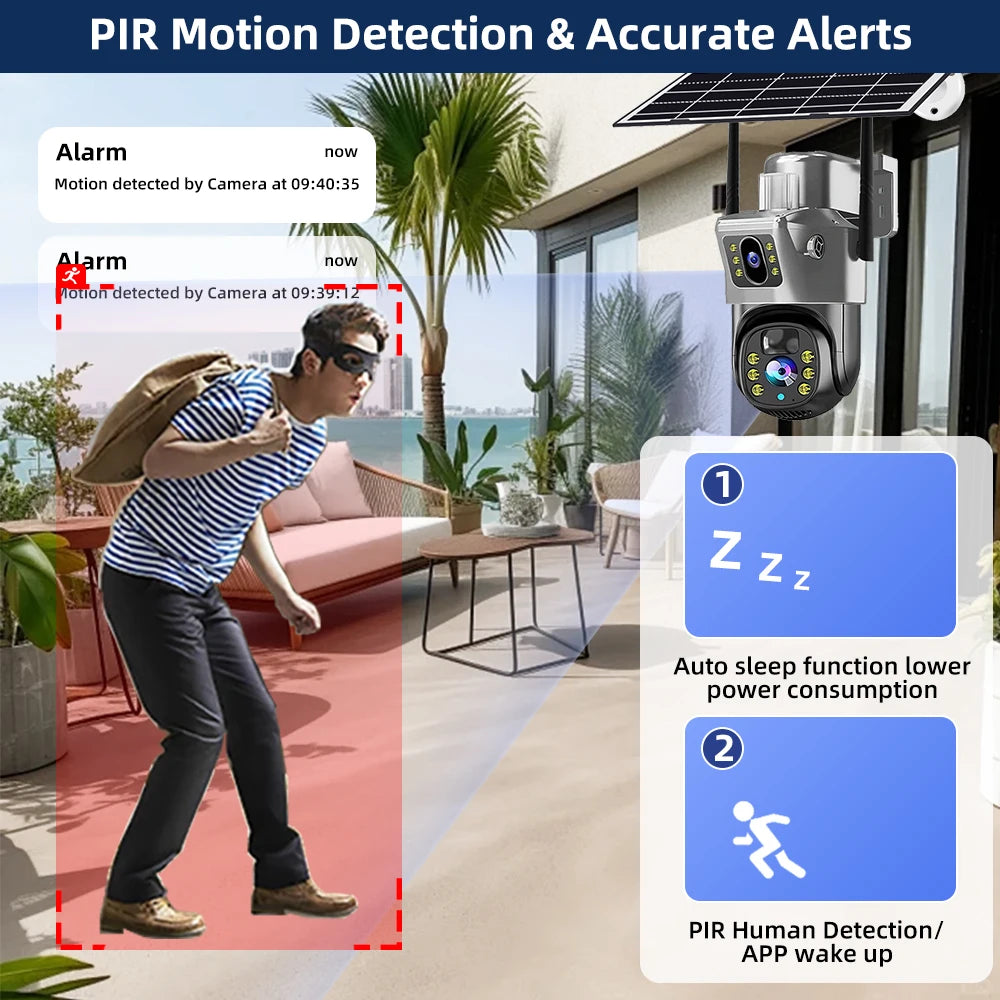 Cámara de seguridad CCTV V380 Pro 4K 8MP con 2 lentes, WiFi 4G, energía solar, visión nocturna PIR para exteriores, IP66, batería de bajo consumo.