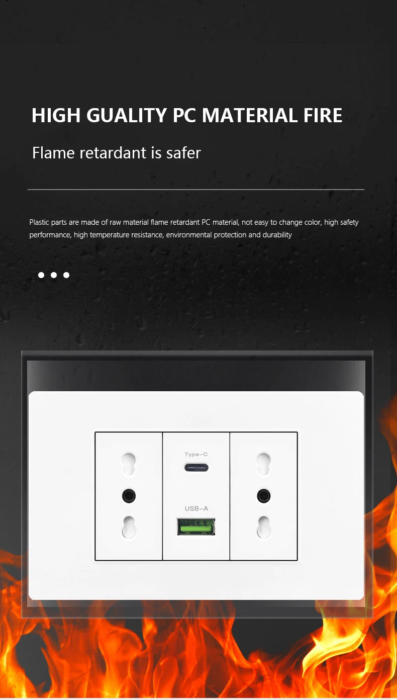Enchufe de pared USB inteligente tipo C de 20 W con carga rápida para Italia, Chile y México; panel de interruptor de luz eléctrico de Brasil con toma USB-C universal.