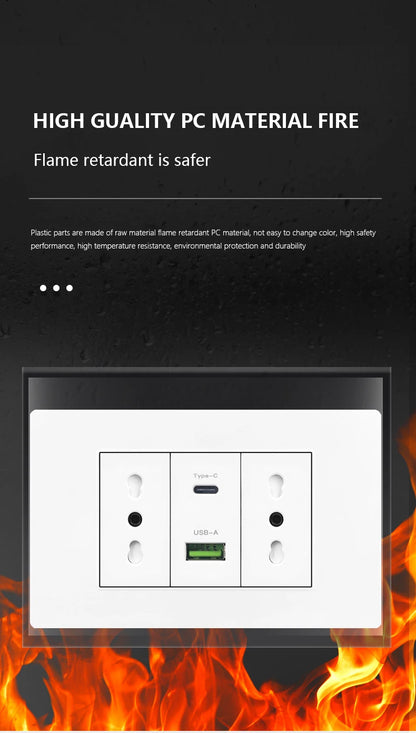 Enchufe de pared USB inteligente tipo C de 20 W con carga rápida para Italia, Chile y México; panel de interruptor de luz eléctrico de Brasil con toma USB-C universal.