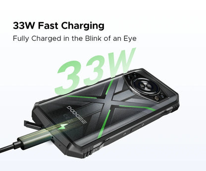 Teléfono resistente DOOGEE S Cyber ​​Pro, 12 GB de RAM, 512 GB de almacenamiento, procesador Helio G100, pantalla IPS FHD+ de 6,6" y 120 Hz, batería de gran capacidad de 10800 mAh, carga de 33 W y NFC.