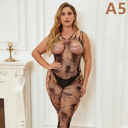NEWJOINFUN Medias de cuerpo de rejilla para mujer de talla grande, traje transparente, lencería erótica sexy sin entrepierna, disfraces de talla grande 5XL