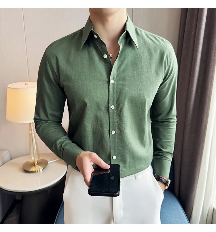 Camisa de hombre de color liso de alta calidad, 55 % algodón y 45 % lino, transpirable y con absorción de sudor, de manga larga. Tallas M-4XL.