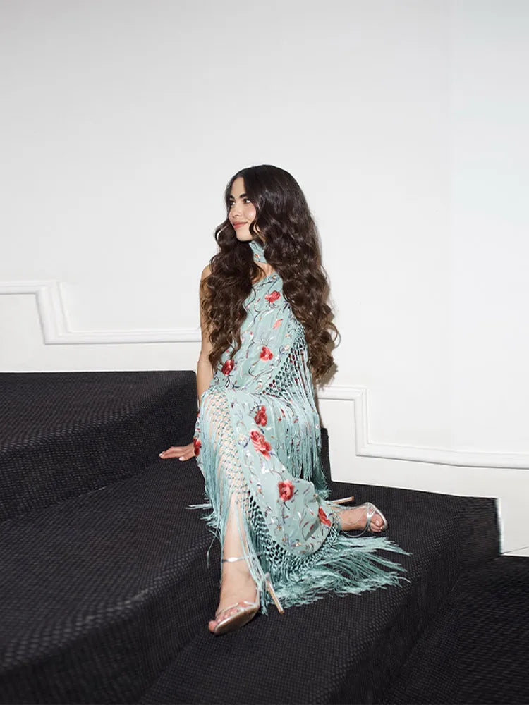 Vestidos elegantes de una pieza para mujer, sin mangas, con cuello tipo bufanda, espalda descubierta, estampado y borlas.