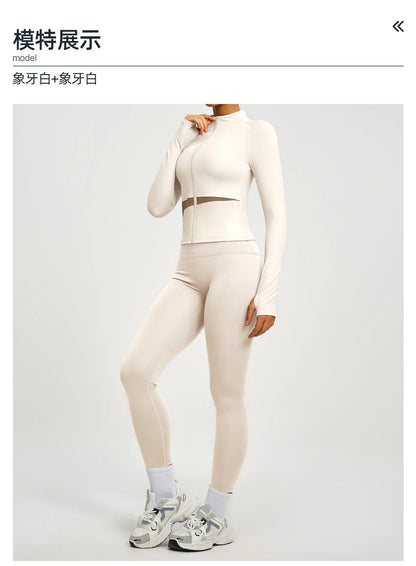 Conjuntos de yoga con contraste de colores para mujer, chaqueta deportiva de manga larga sin costuras con cremallera, leggings adelgazantes de cintura alta, chándal de fitness