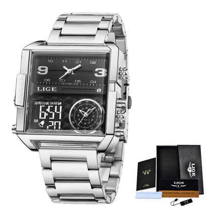 Reloj LIGE de acero negro para hombre, reloj digital con doble pantalla, cronógrafo deportivo, resistente al agua, de cuarzo, estilo militar
